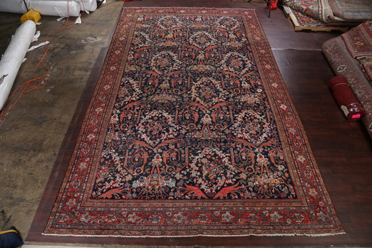 Antique Navy Blue Floral Sarouk Persian Rug 11x18