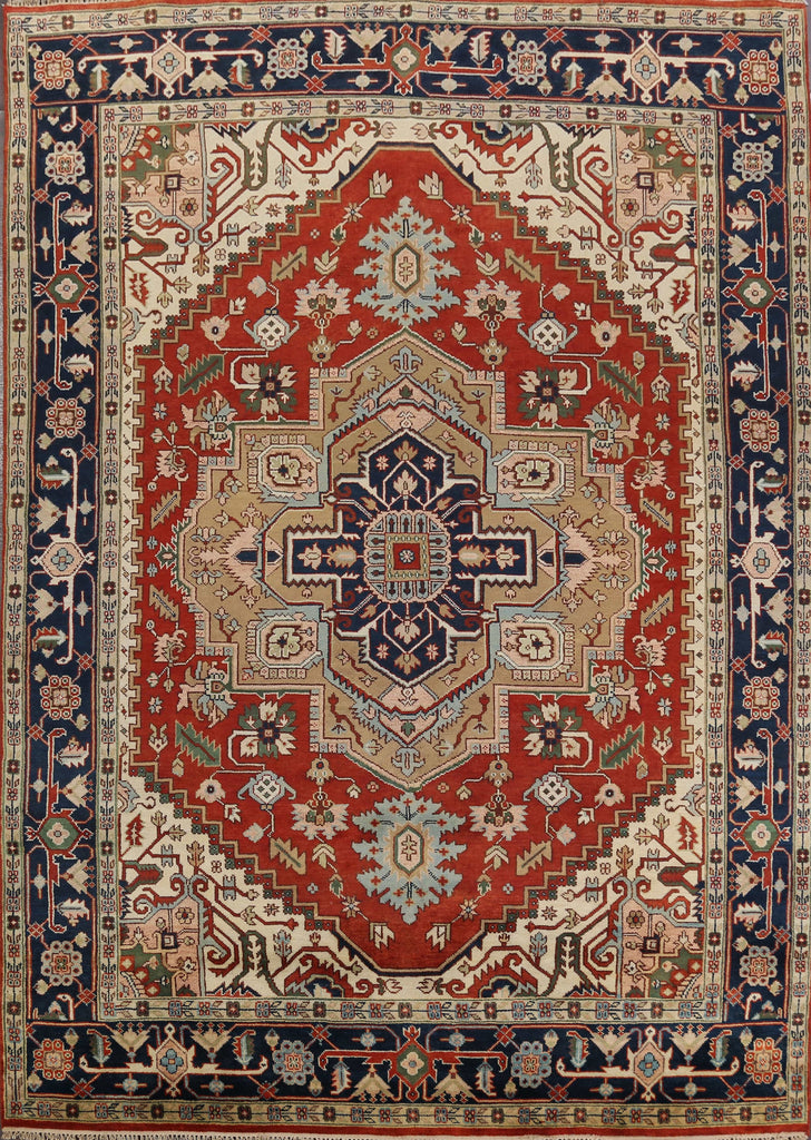 Rust & Navy Geometric Heriz Serapi Oriental Area Rug 9x12