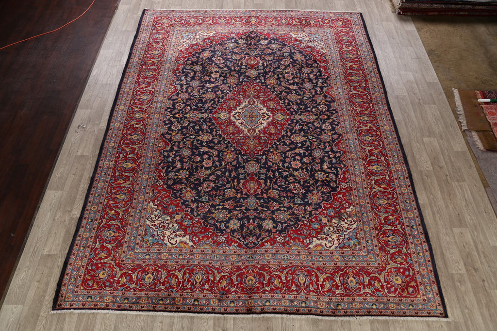 Traditional Floral Navy Blue Kashan Persian Area Rug 10x13