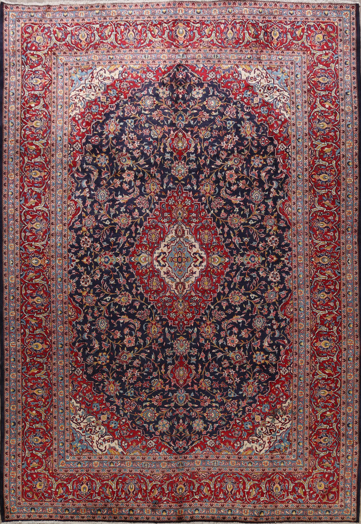 Traditional Floral Navy Blue Kashan Persian Area Rug 10x13