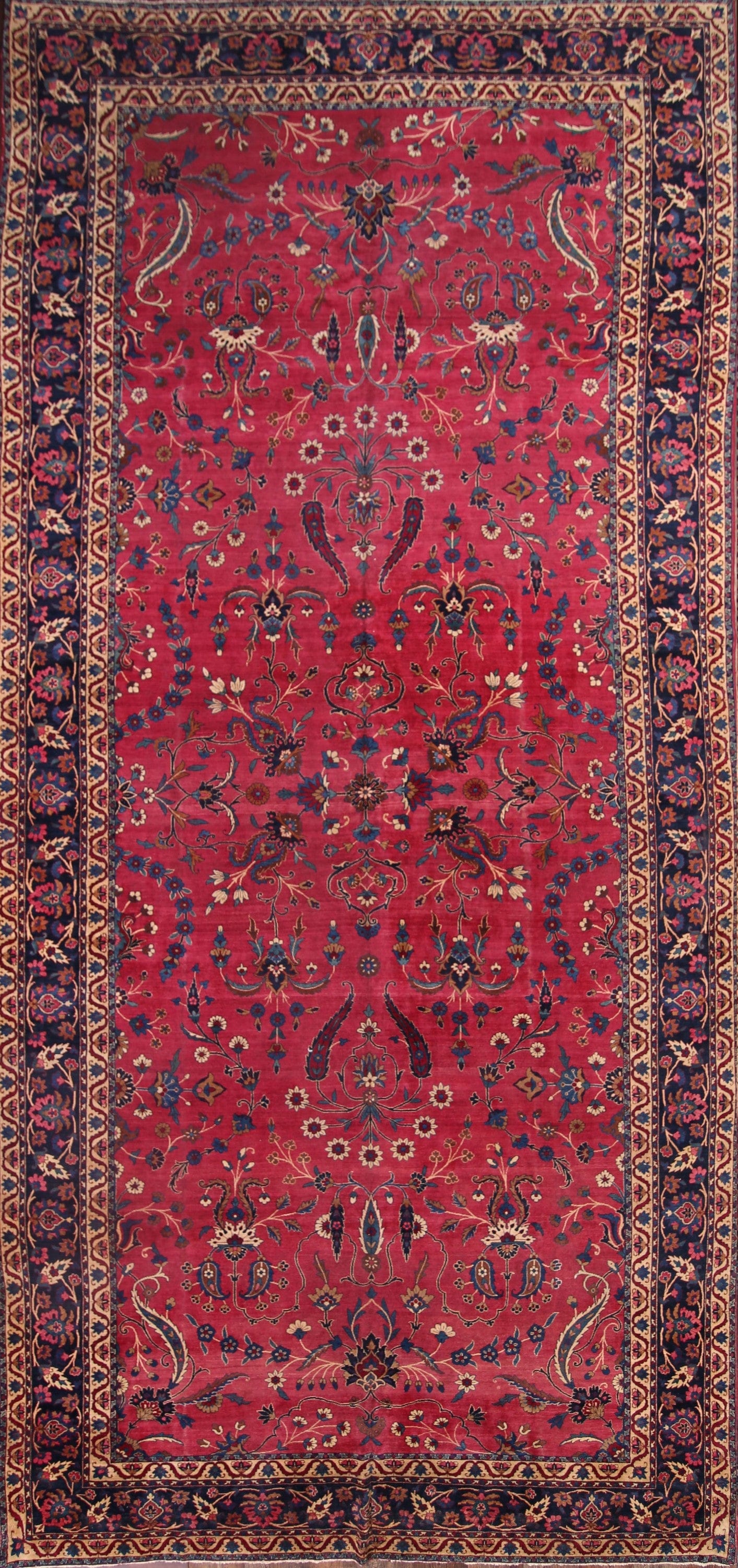 Pre-1900 Palace Size Antique Maroon 9x18 Kerman Lavar Persian Area Rug