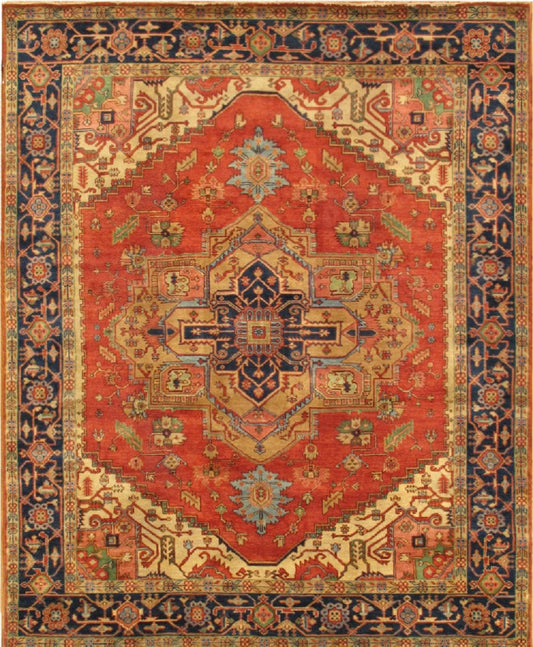 Serapi Collection Hand-Knotted Rust/Navy Wool Area Rug- 8'11" X 9' 1"