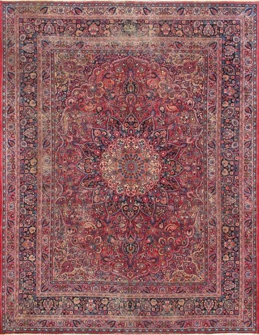 Antique Mashad Collection Burgundy Wool Area Rug-10' 3" X 13' 2"