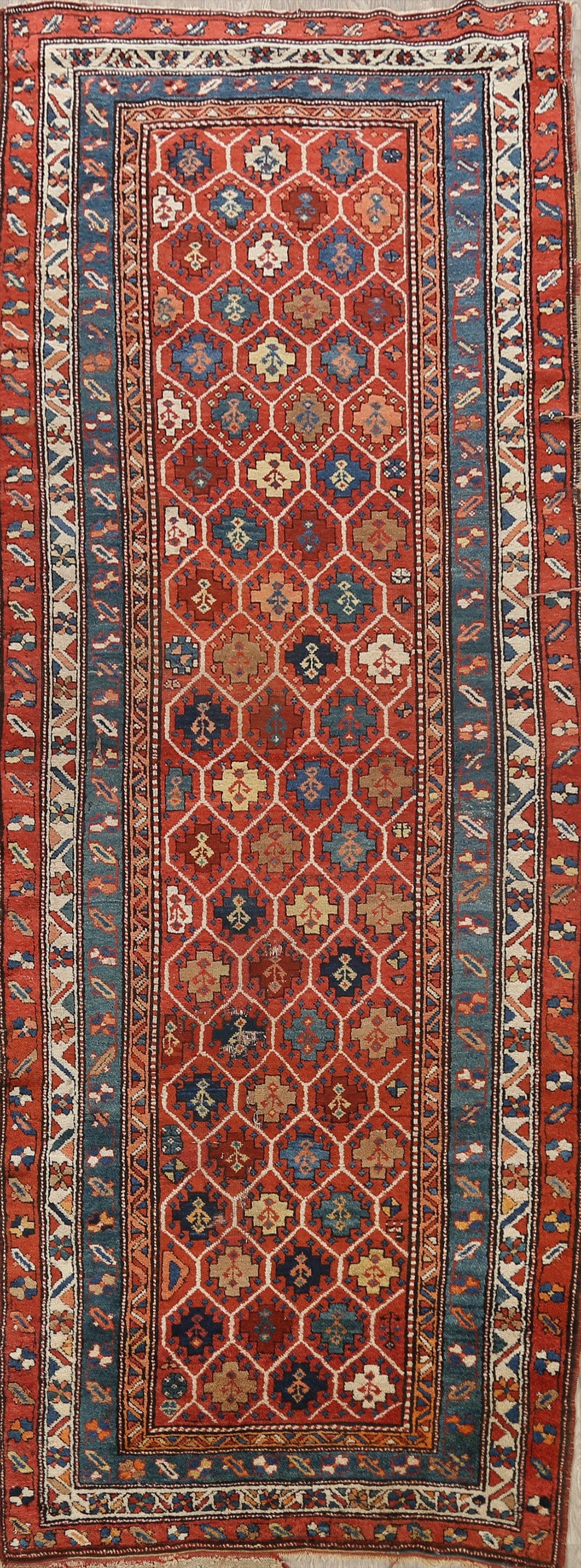 Pre-1900 Antique Vegetable Dye Kazak Oriental Runner Rug 4x10