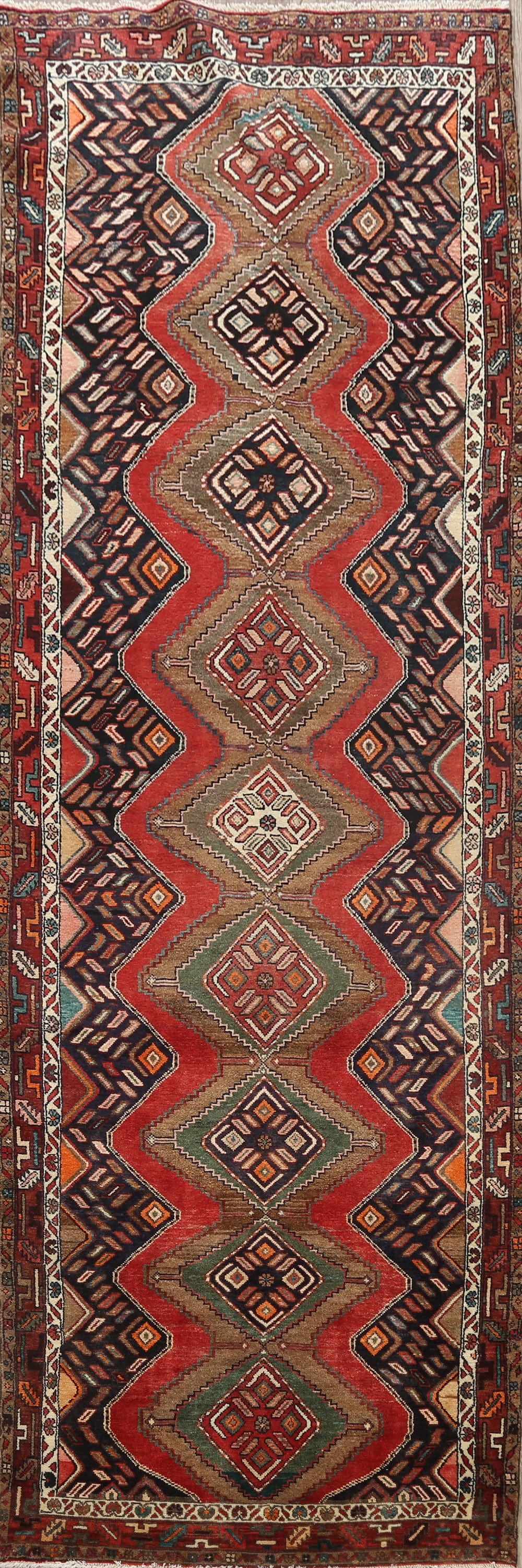 Tribal Geometric Hamedan Persian Runner Rug 4x11