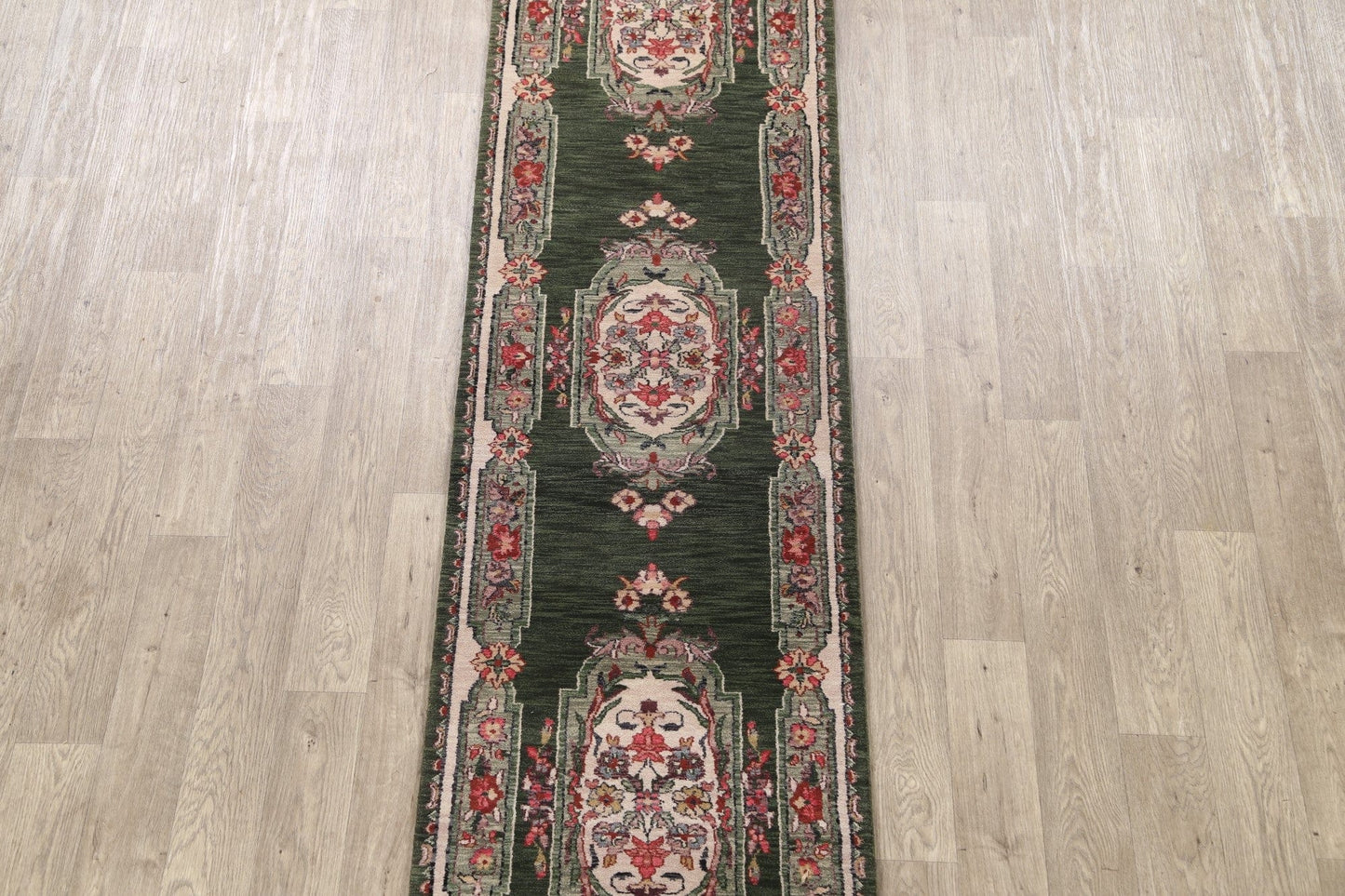 Green Floral Aubusson Oriental Runner Rug 3x10