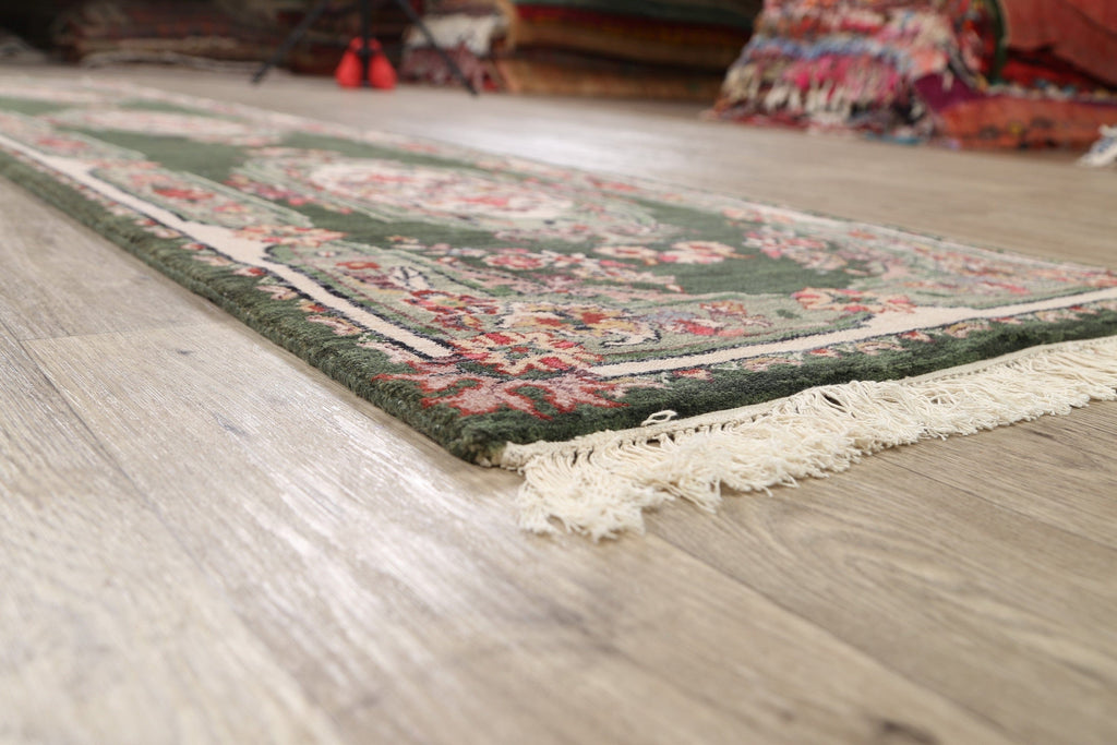 Green Floral Aubusson Oriental Runner Rug 3x10