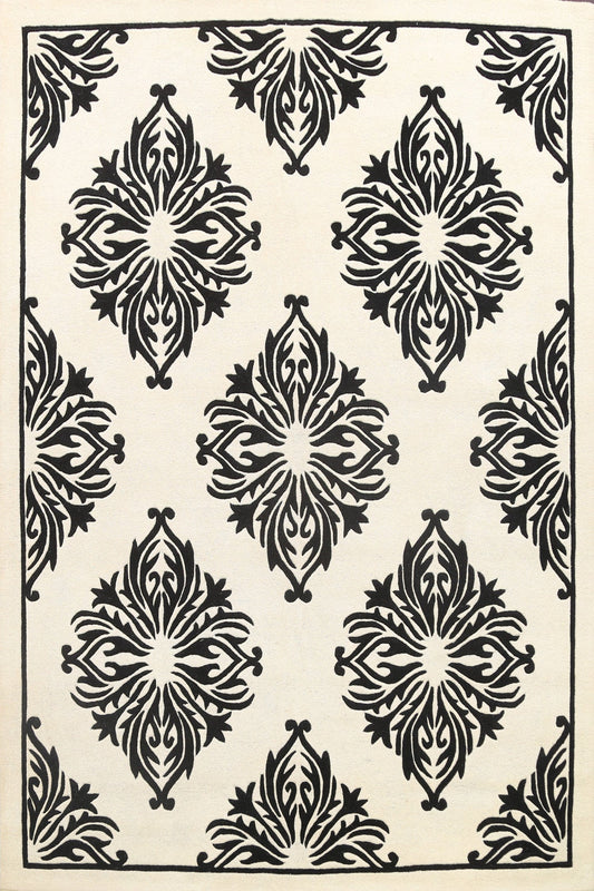 Damask Modern Ivory/Black Oriental Area Rug 8x10