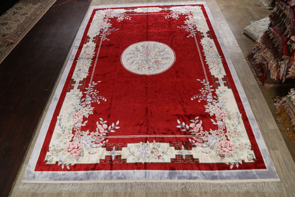 100% Silk Floral Red Art Deco Oriental Area Rug 12x18