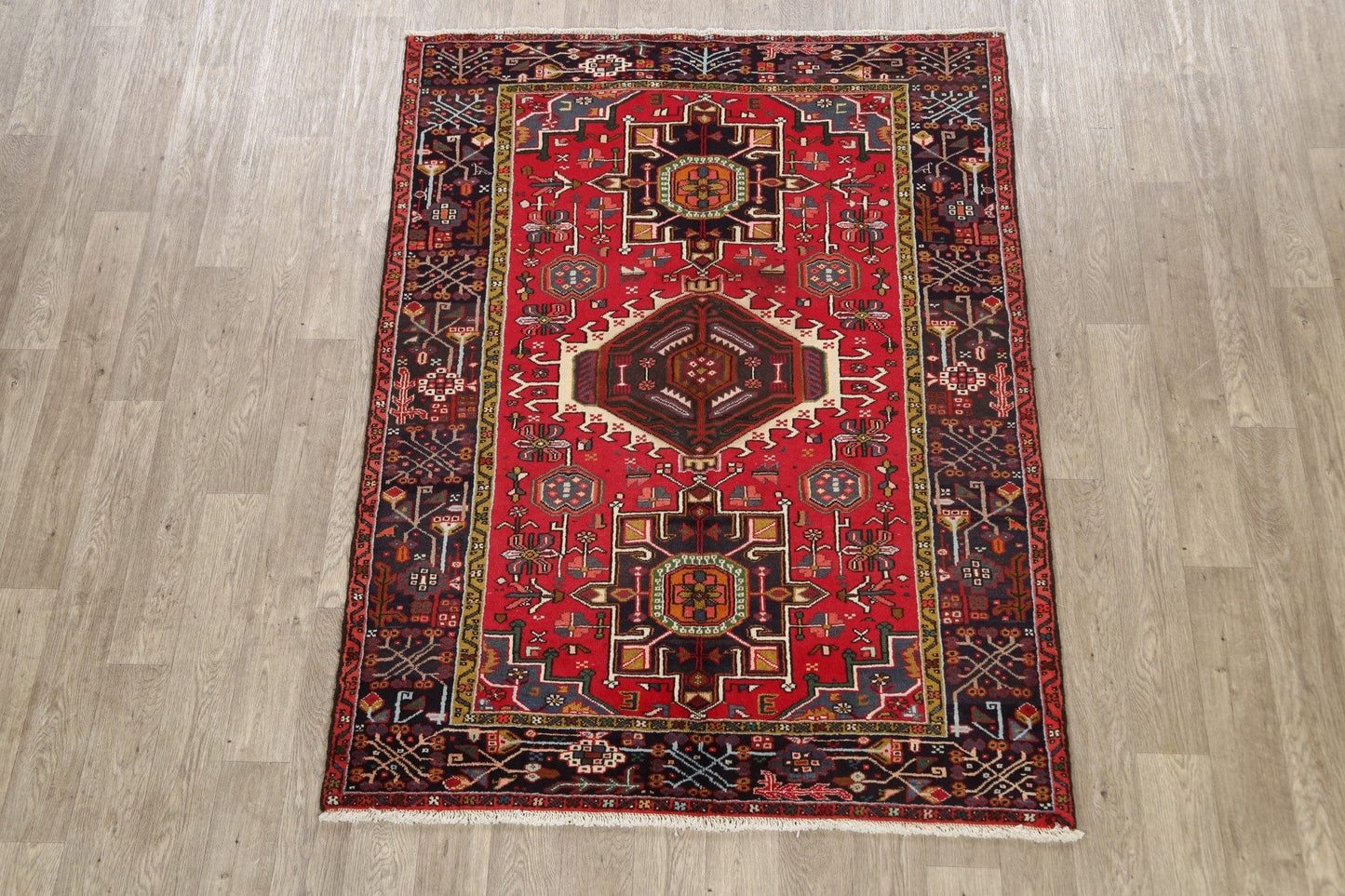 Vegetable Dye Geometric Heriz Persian Area Rug 5x7