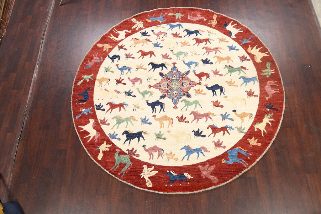 Animal Pictorial Kazak Oriental Area Rug 8x8 Round