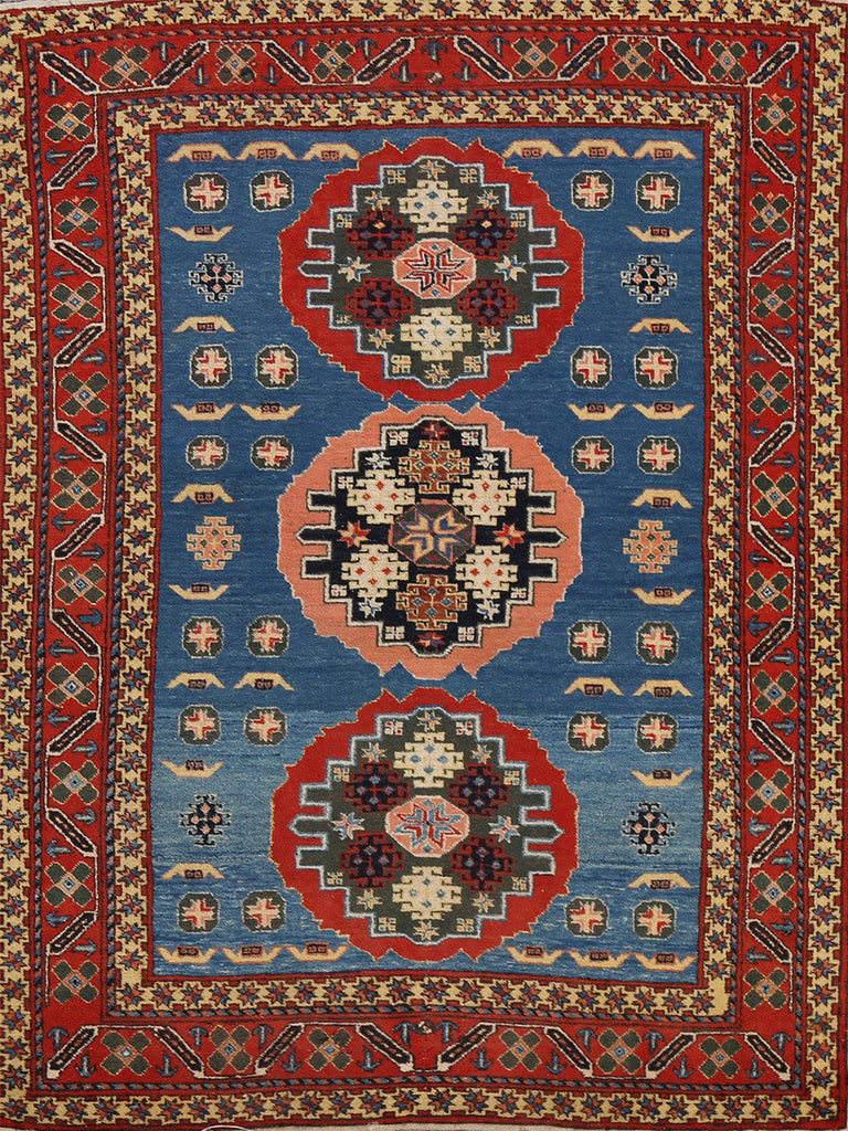 Blue Geometric Caucasian Oriental Area Rug 5x6