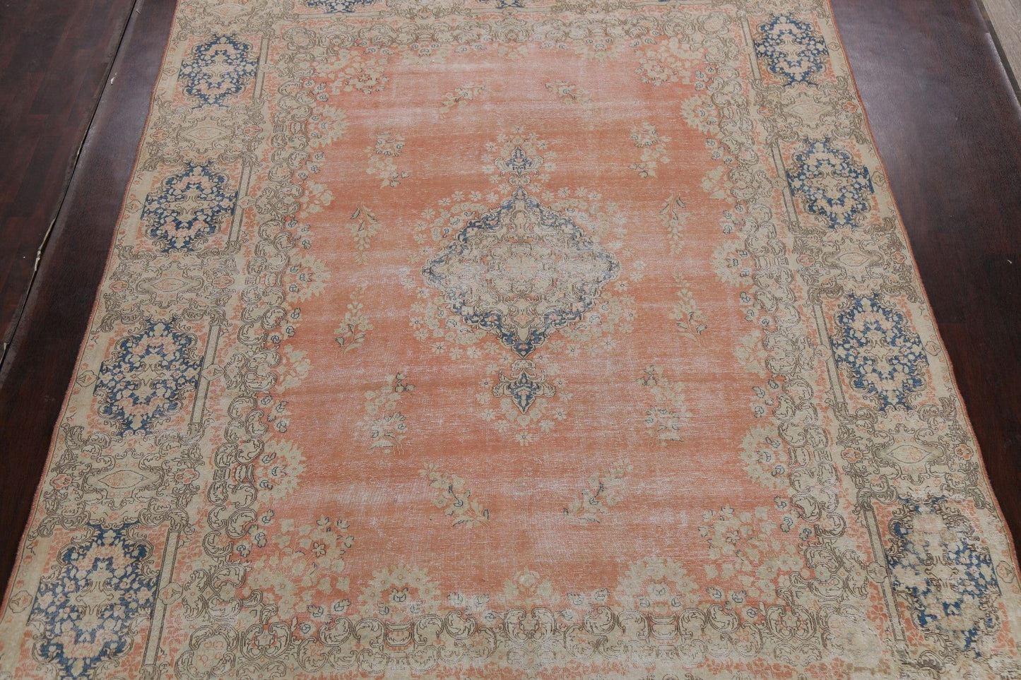 Muted Distressed Floral Kerman Persian Area Rug 9x13