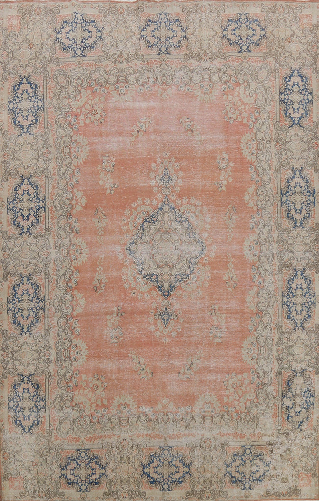 Muted Distressed Floral Kerman Persian Area Rug 9x13