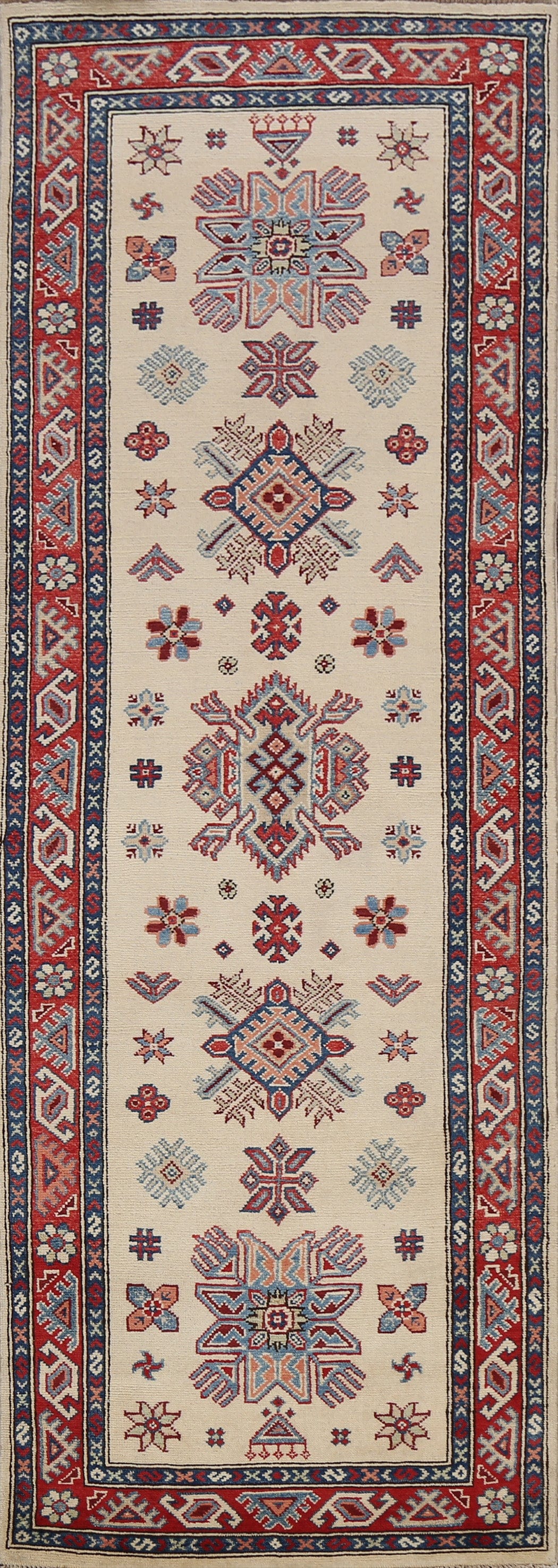 Geometric Kazak Oriental Runner Rug 3x8