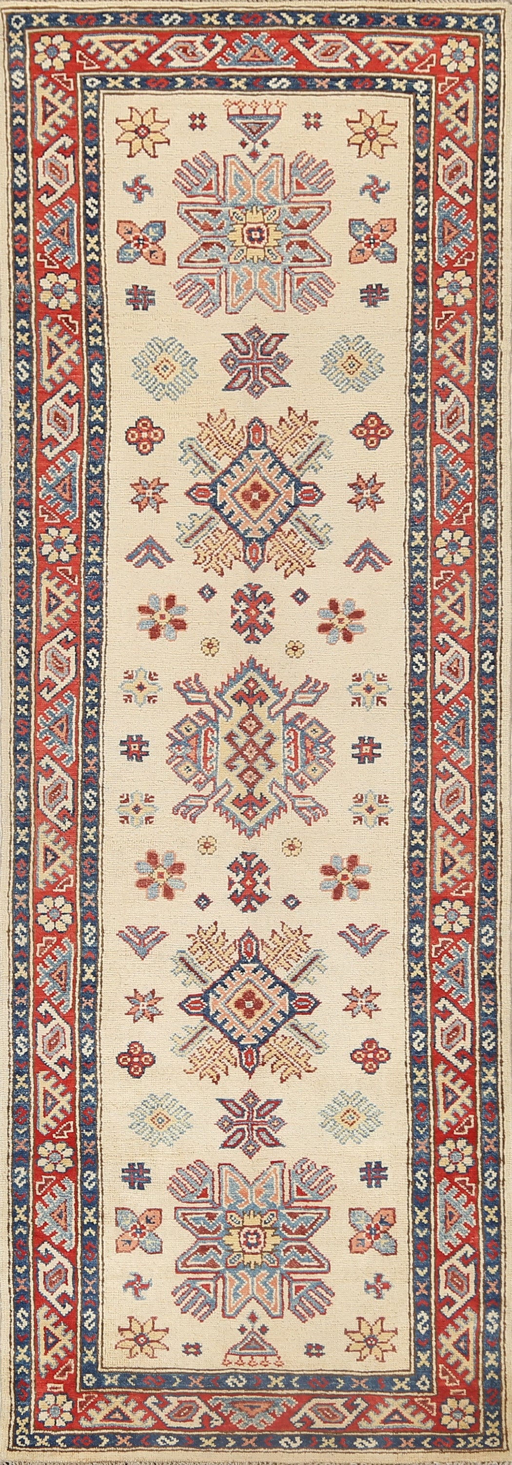 Geometric Kazak Oriental Runner Rug 3x8