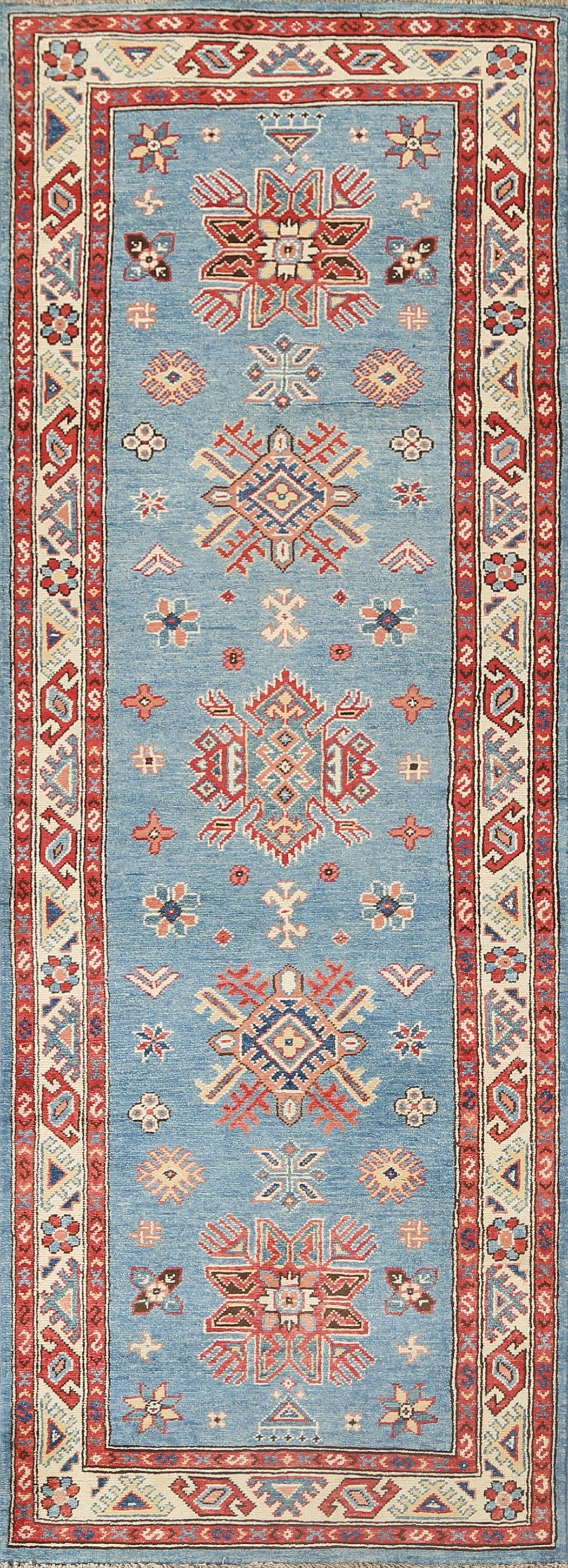 Geometric Kazak Oriental Runner Rug 3x8