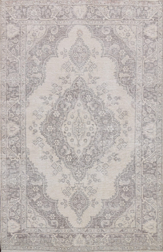 Muted Distressed Floral Tabriz Persian Area Rug 7x9