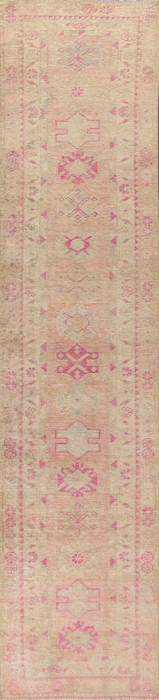 Muted Distressed Geometric Oushak Oriental Runner Rug 3x13