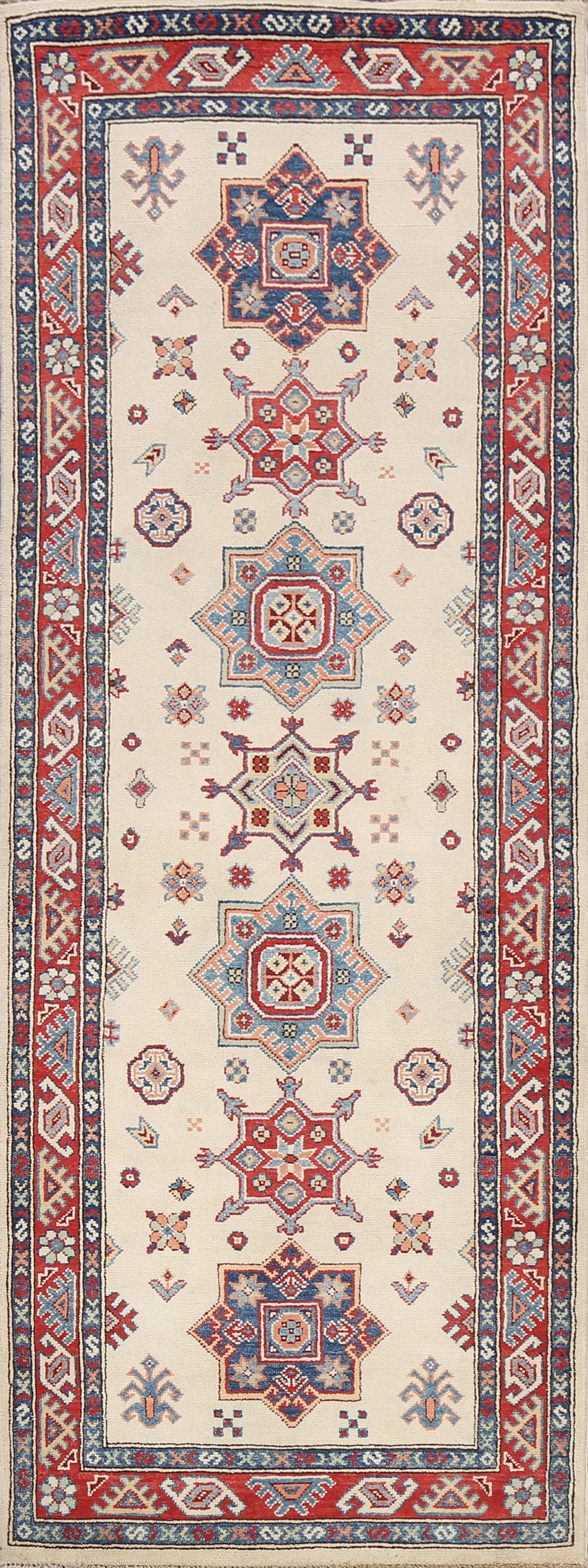 Geometric Kazak Oriental Runner Rug 3x8