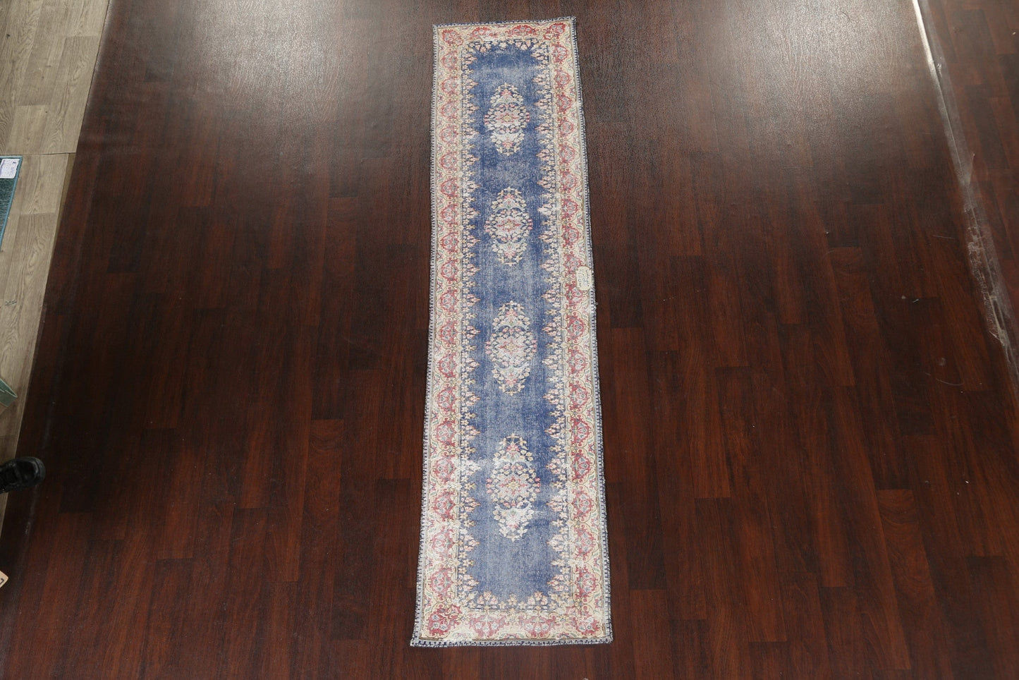 Distressed Floral Kerman Signed Persian Runner Rug 2x9