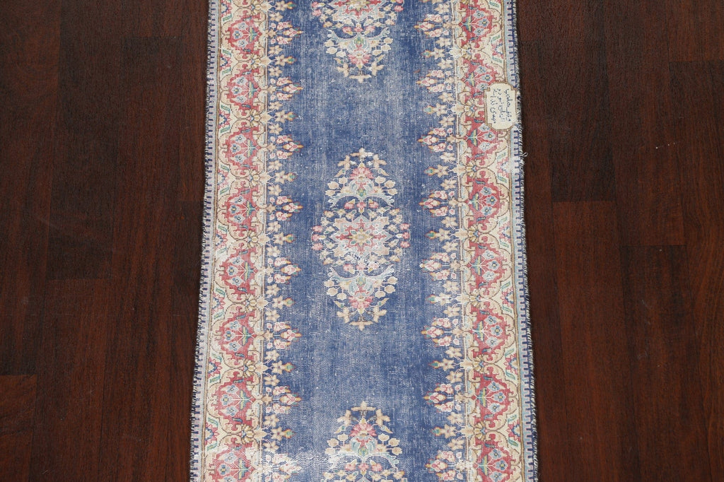 Distressed Floral Kerman Signed Persian Runner Rug 2x9