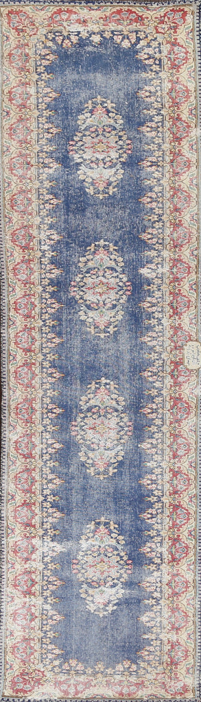 Distressed Floral Kerman Signed Persian Runner Rug 2x9