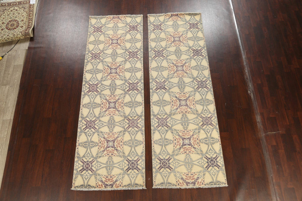 Set of 2 Vegetable Dye Abstract Oriental Runner Rugs 3x10