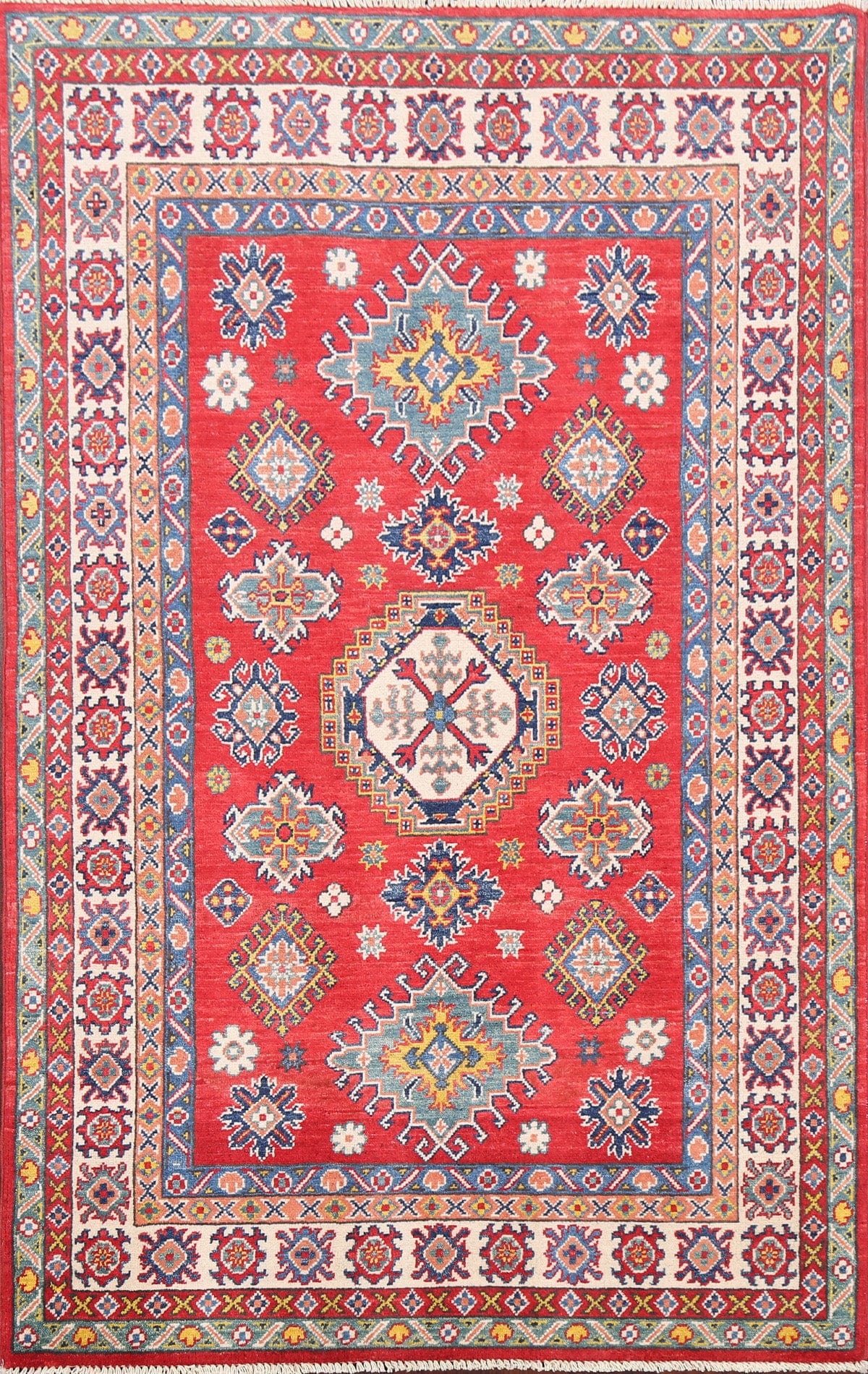 Vegetable Dye Geometric Kazak Oriental Area Rug 4x6