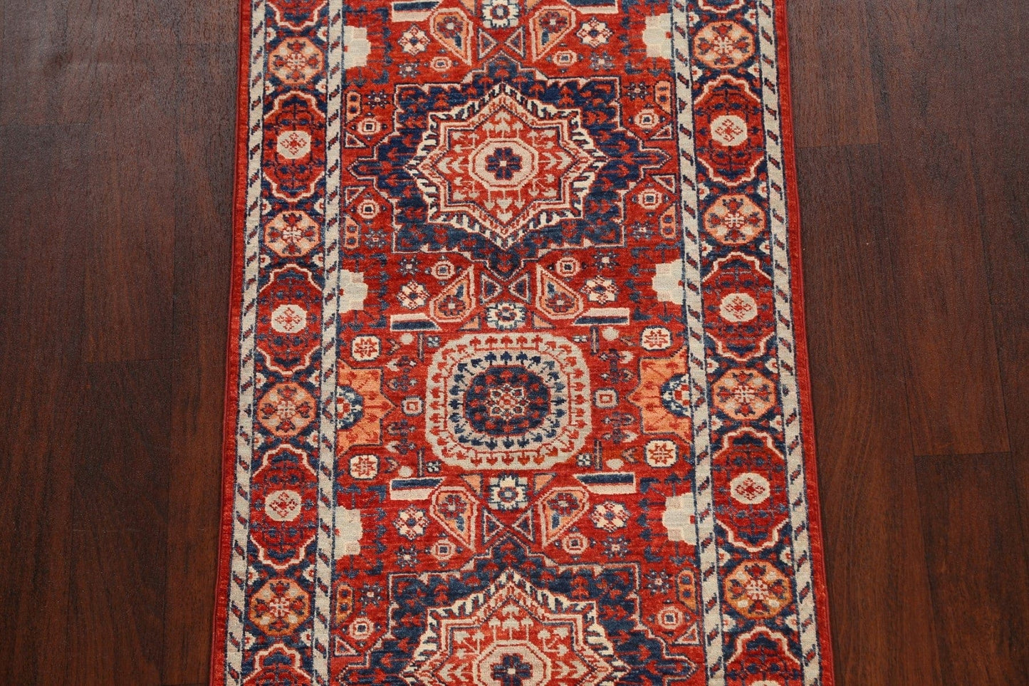 Vegetable Dye Geometric Kazak Oriental Runner Rug 3x10