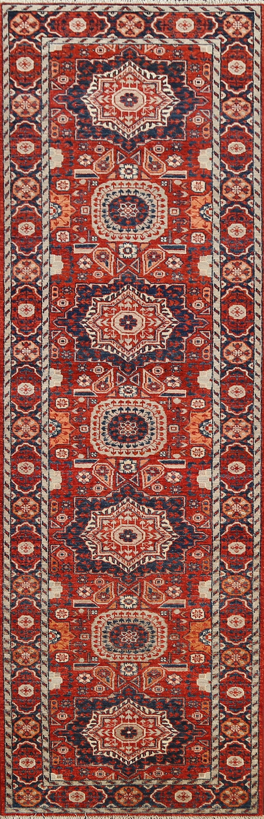 Vegetable Dye Geometric Kazak Oriental Runner Rug 3x10