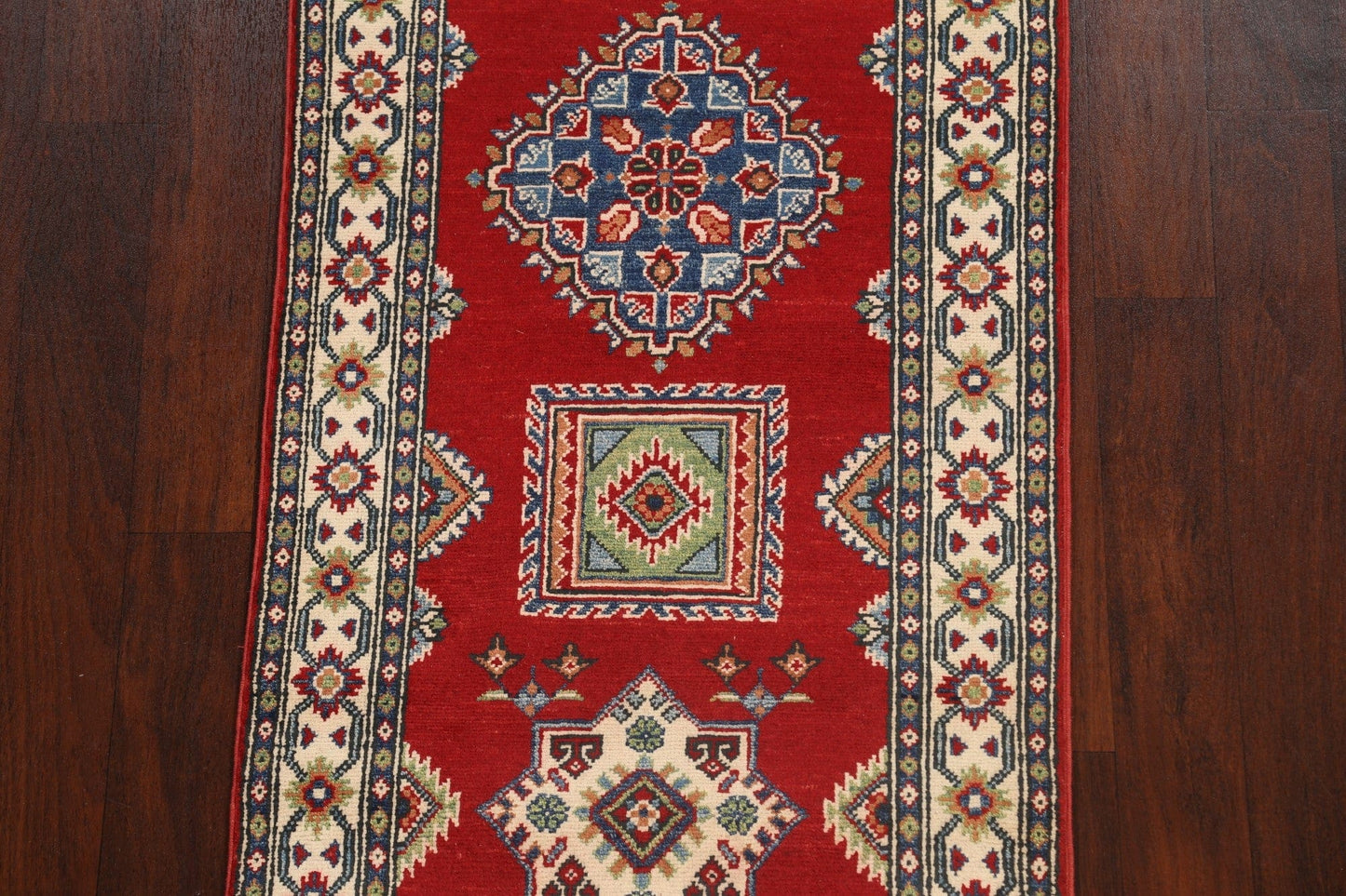 Geometric Red Kazak Oriental Runner Rug 3x10