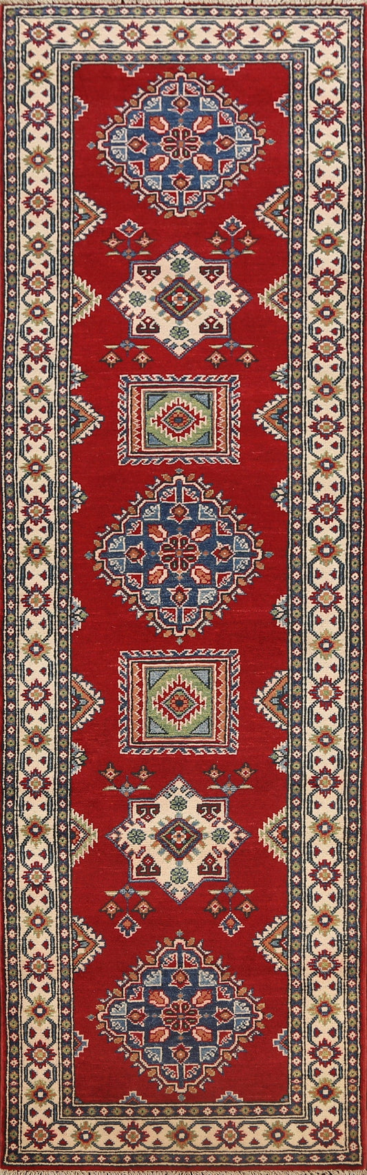 Geometric Red Kazak Oriental Runner Rug 3x10