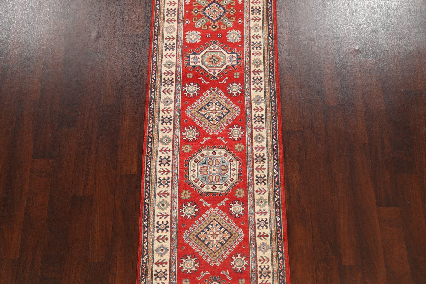 Geometric Red Kazak Oriental Runner Rug 3x13