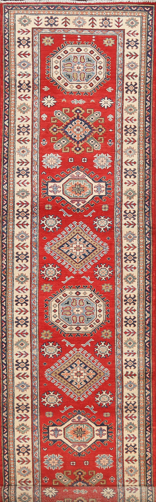 Geometric Red Kazak Oriental Runner Rug 3x13