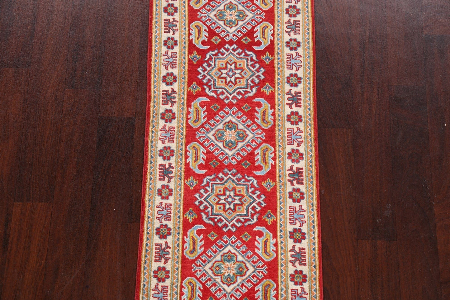 Geometric Red Kazak Oriental Runner Rug 2x5