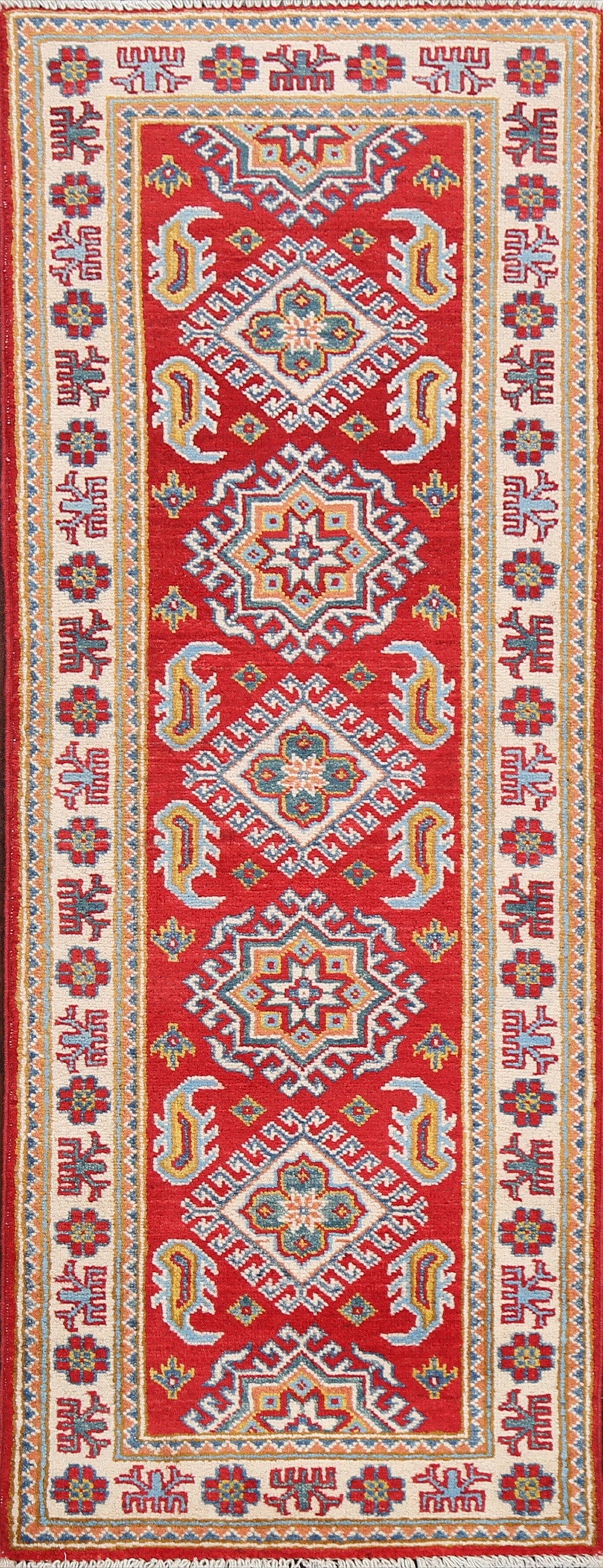 Geometric Red Kazak Oriental Runner Rug 2x5