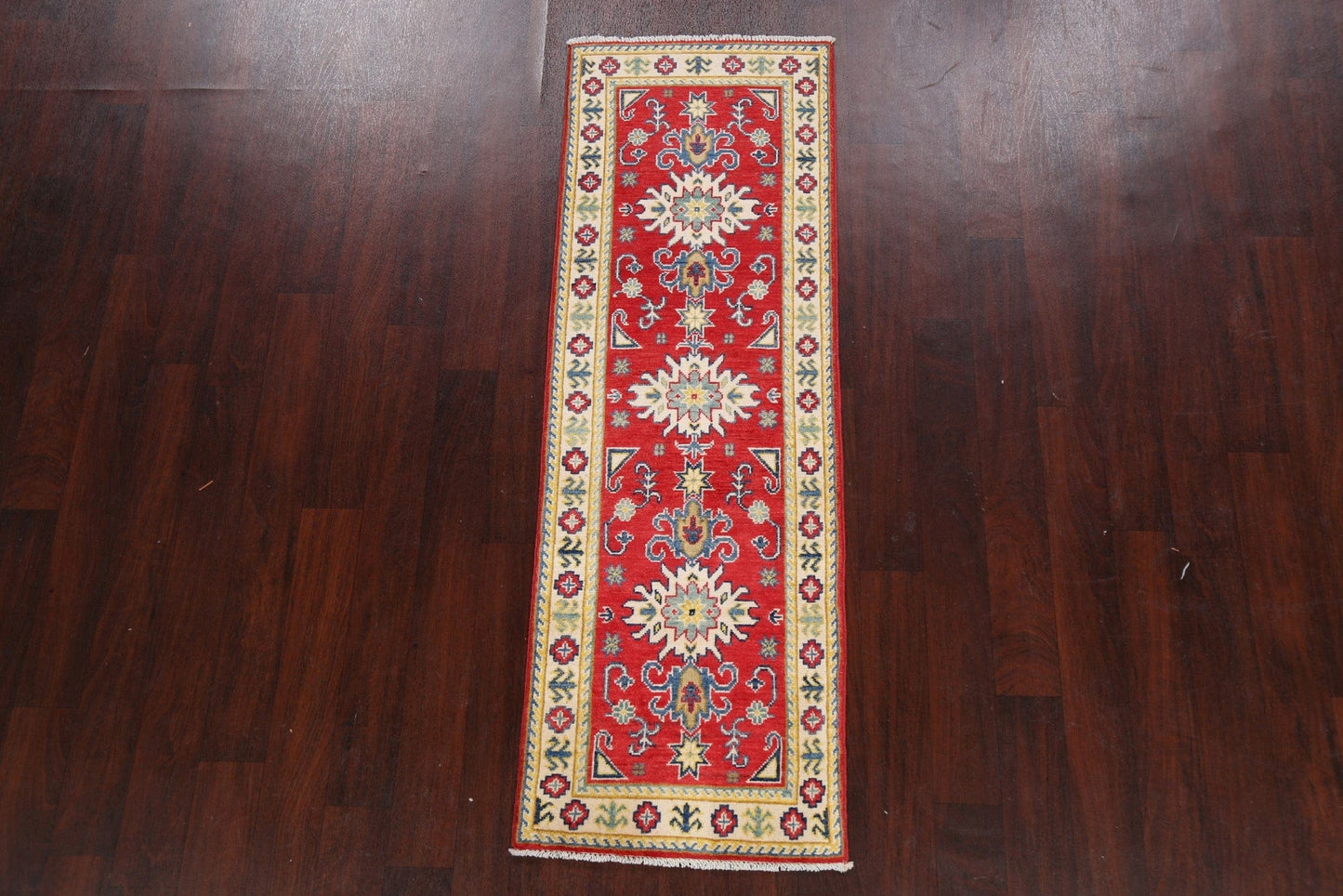 Geometric Red Kazak Oriental Runner Rug 2x6