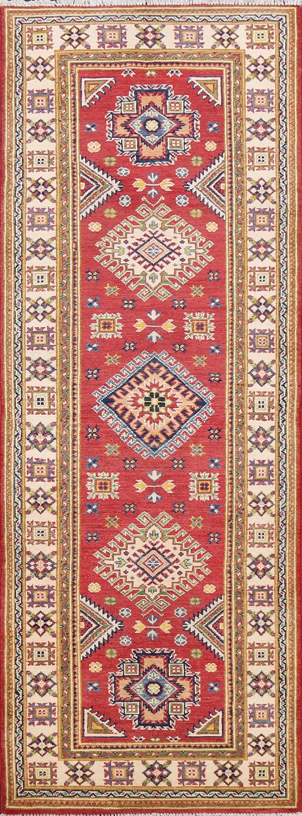 Geometric Kazak Oriental Runner Rug 3x8