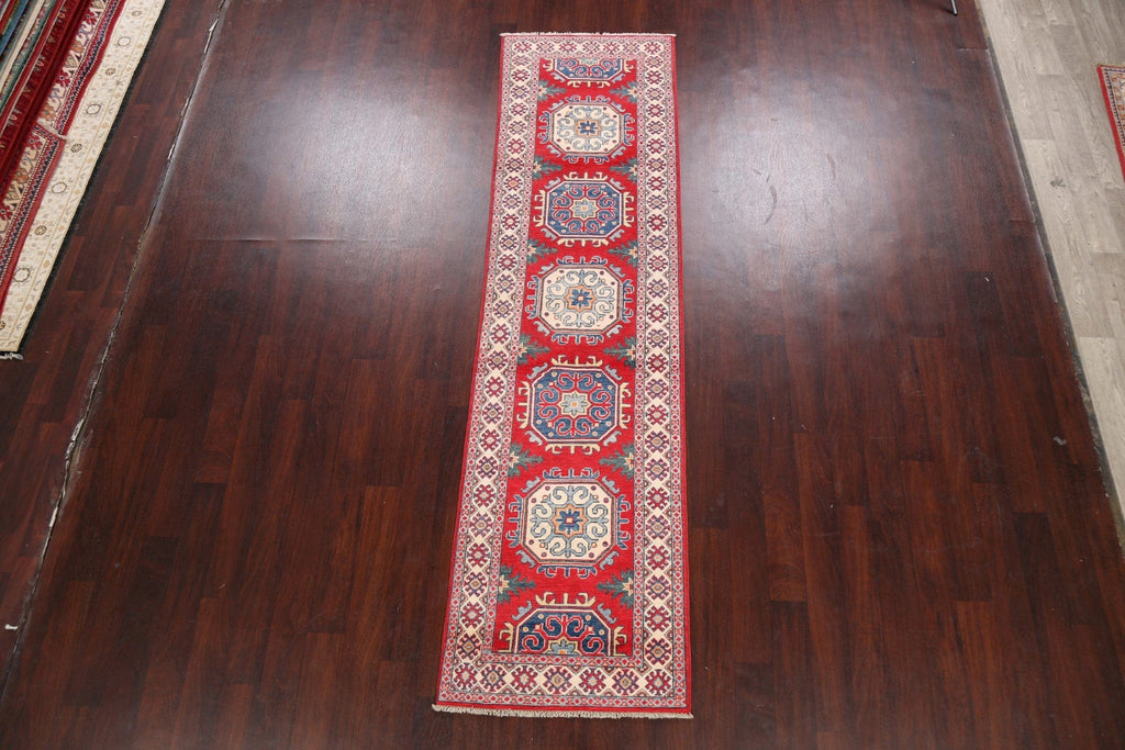 Geometric Red Kazak Oriental Runner Rug 3x10