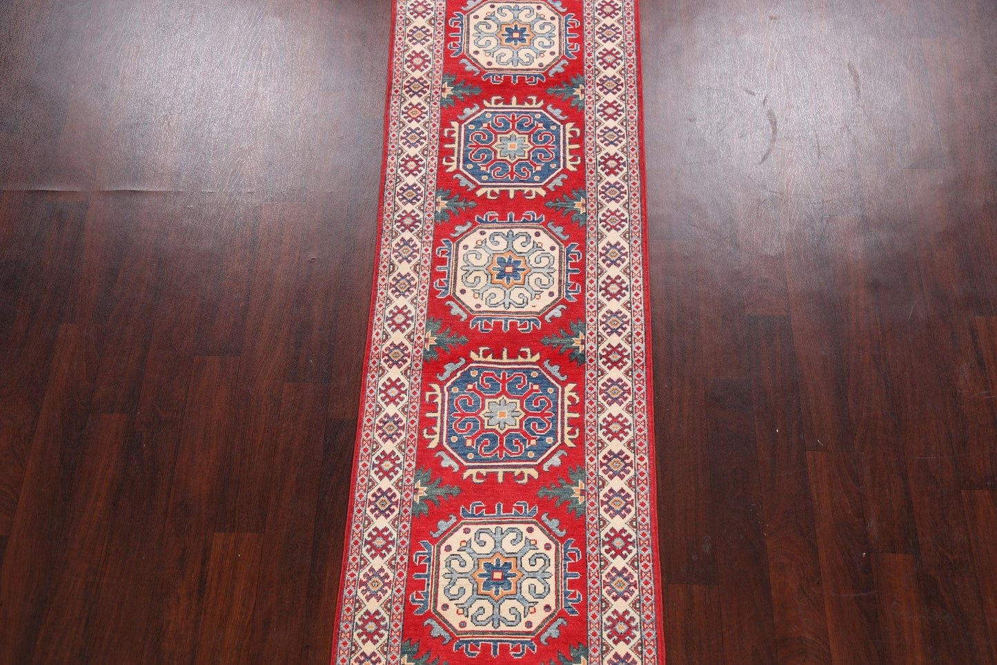 Geometric Red Kazak Oriental Runner Rug 3x10