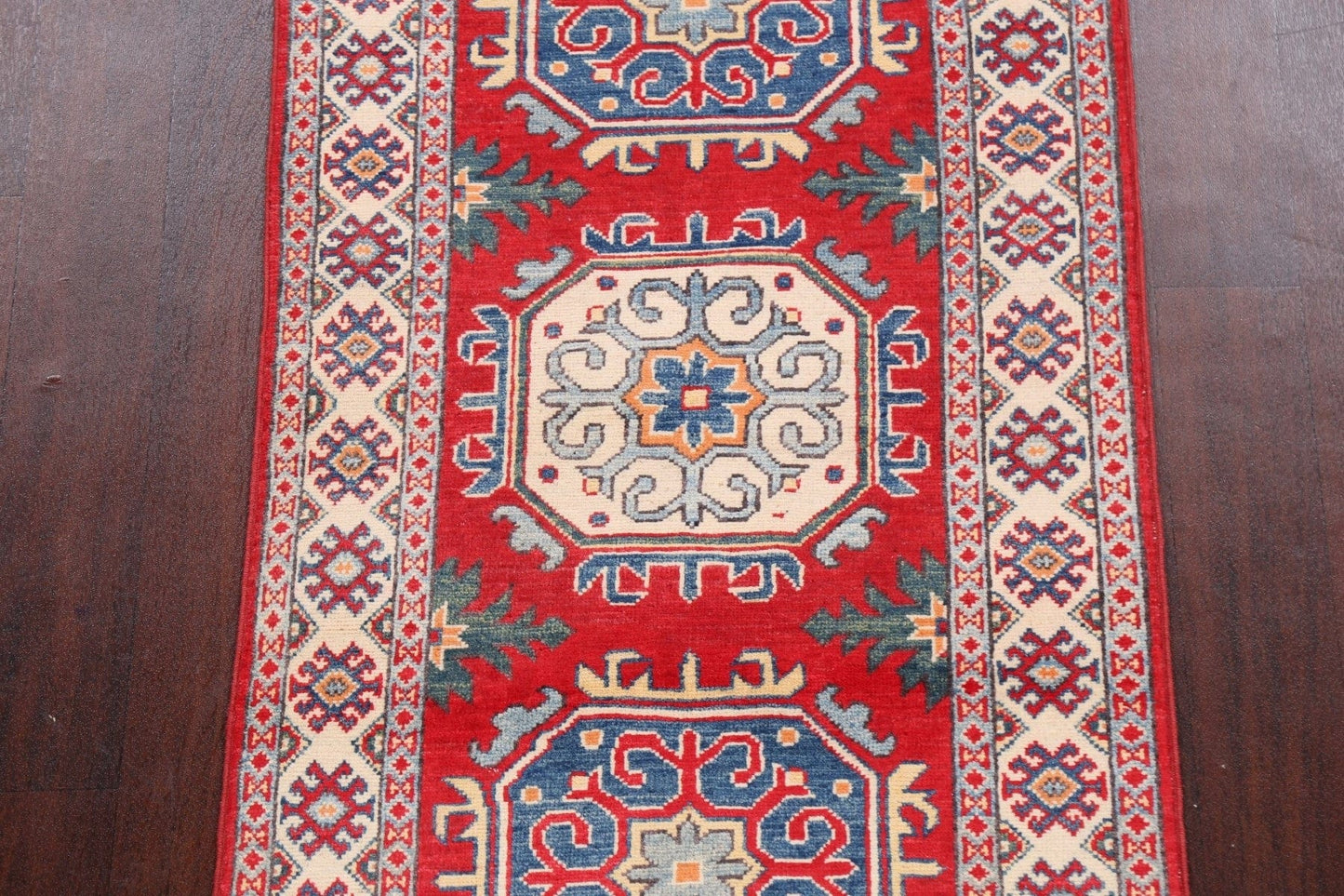 Geometric Red Kazak Oriental Runner Rug 3x10