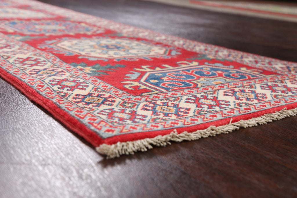 Geometric Red Kazak Oriental Runner Rug 3x10