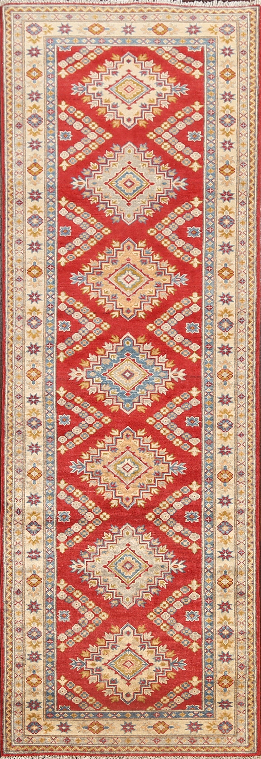 Geometric Kazak Oriental Runner Rug 3x9