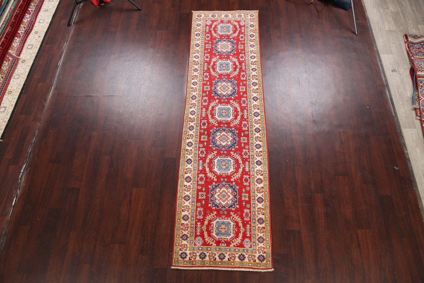 Geometric Red Kazak Oriental Runner Rug 3x10