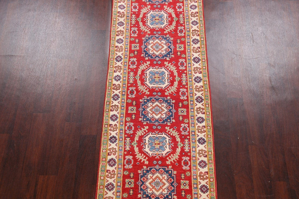 Geometric Red Kazak Oriental Runner Rug 3x10