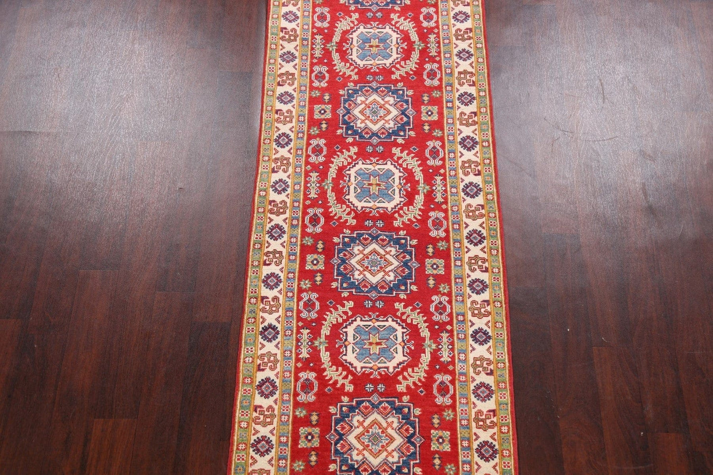 Geometric Red Kazak Oriental Runner Rug 3x10