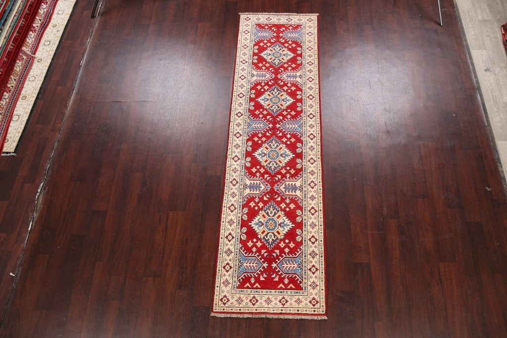 Geometric Red Kazak Oriental Runner Rug 3x9