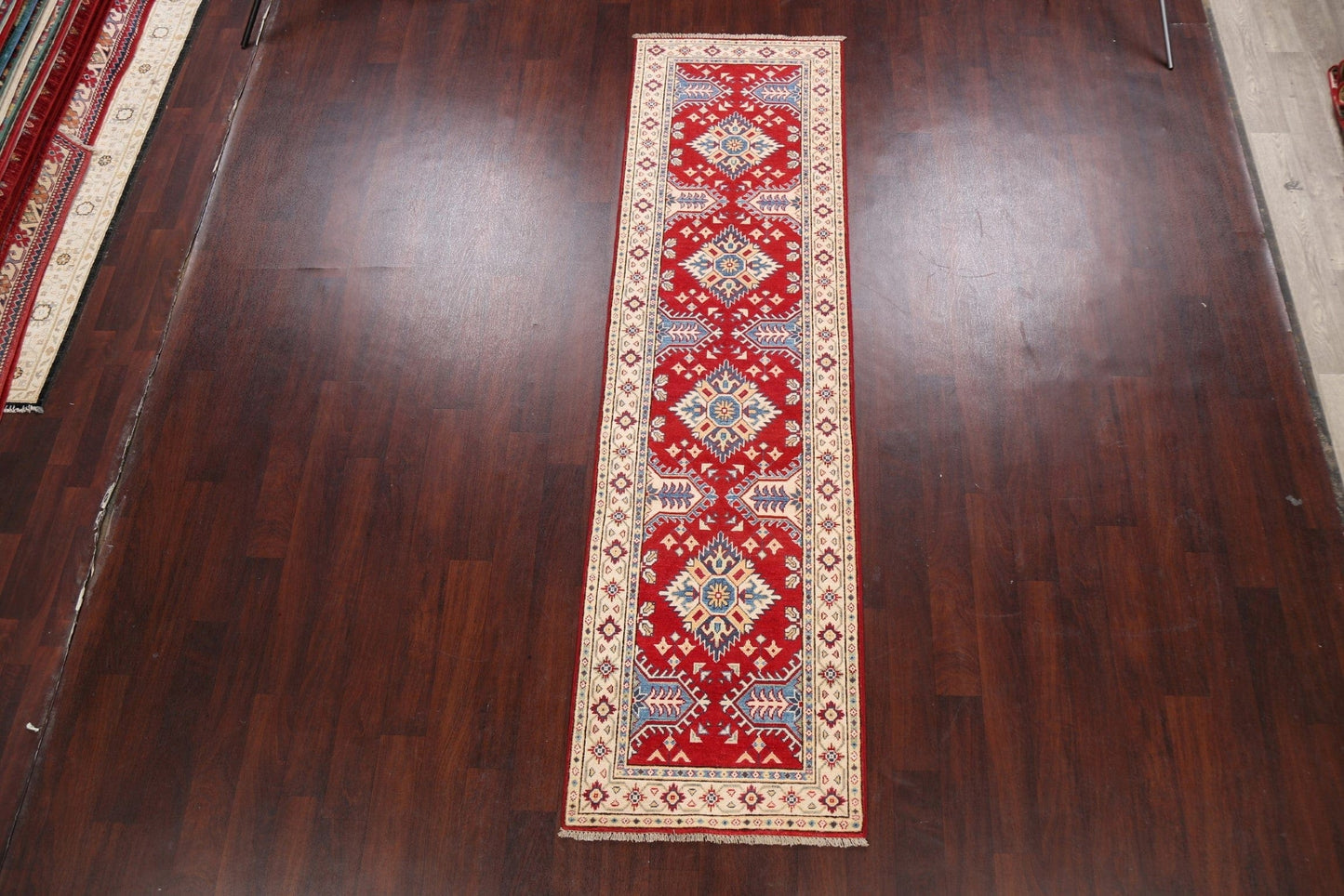 Geometric Red Kazak Oriental Runner Rug 3x9