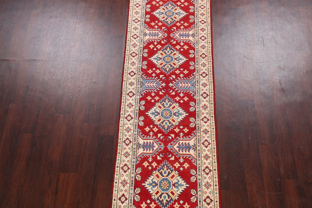 Geometric Red Kazak Oriental Runner Rug 3x9